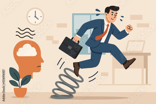 Entrepreneurial resilience, business agility. Businessman launched by spring, overcoming pressure. Metaphor for startup success, career boost, fast progress, mental strength, overcoming adversity.