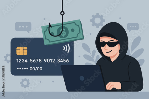 Cybersecurity threat concept hacker phishing money credit card data. Online fraud, internet scam, data theft illustration. Computer crime, digital security, cyber attack, hacking vector.