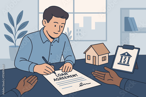 Man signing mortgage loan agreement contract for new house. Real estate investment, property purchase, financial deal with bank. Home ownership, legal document signing ceremony.