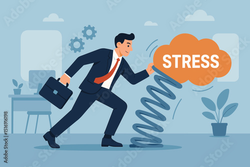 Businessman pushing stress spring. Entrepreneur resilience concept. Overcoming pressure and challenges in business. Mental strength, determination, and problem-solving vector illustration.