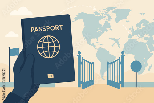 International passport for global travel and immigration vector. Hand holding identification document for vacation, journey, citizenship. World map, airplane, open gate for border crossing concept.