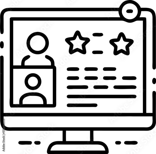 Online Reputation and User Rating Vector Icon. Shows a computer screen with a person and star ratings. Editable line vector illustration.