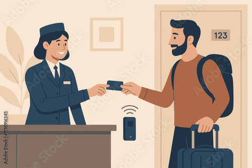 Hotel check-in process illustration. Female receptionist at desk giving key card to male guest with backpack and suitcase. Tourism, travel, hospitality service, accommodation booking concept.