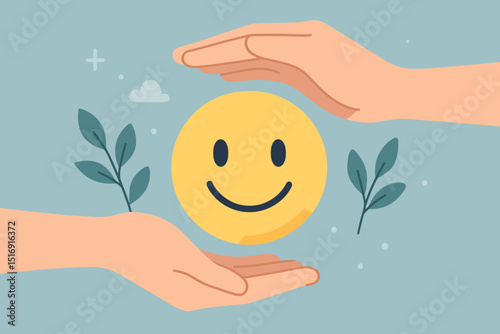 Protecting positive vibes, mental wellbeing concept. Hands carefully shield a smiling emoji face, symbolizing self-care, happiness, emotional health support and good mood preservation.