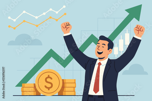 Successful investor celebrating stock market growth and financial profit. Happy businessman with rising arrow graph, gold coins. Investment success, bullish market trend, finance vector concept.
