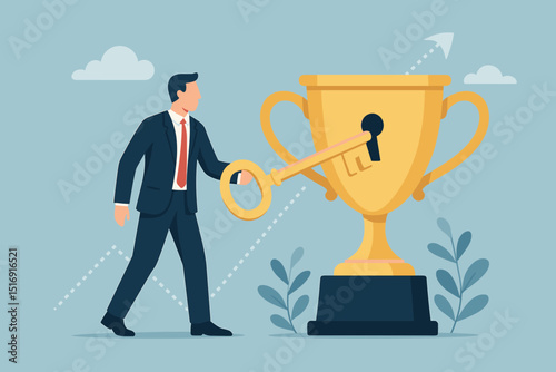 Businessman unlocking success golden trophy with key. Business achievement, reaching goals concept. Career growth, motivation strategy for victory. Award, leadership, opportunity vector.