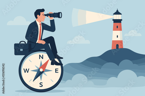 Visionary leader with telescope on compass charting business course towards lighthouse. Strategic planning, future direction, corporate guidance, success. Opportunity search metaphor.