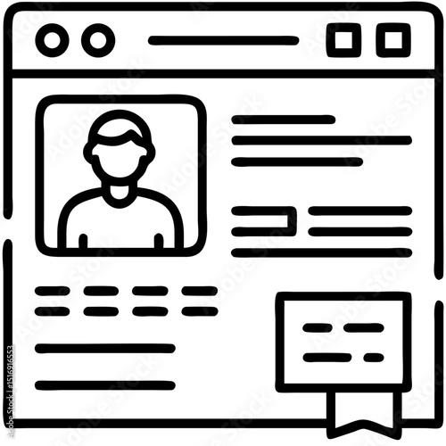 Online Profile and Documentation Vector Icon. Features a web page with a person's profile and document - like elements. Editable line vector illustration.