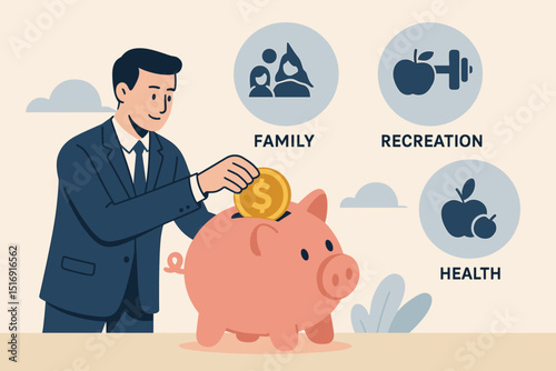 Businessman investing in future goals. Financial planning concept with man, piggy bank, coin, and icons for family, health, recreation. Savings, budget, wealth management vector.