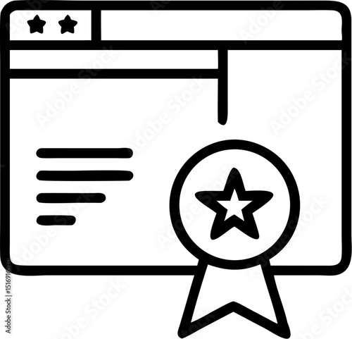Online Reputation and Award Badge Vector Icon. Features a web page with star - rated medal. Editable line vector illustration.