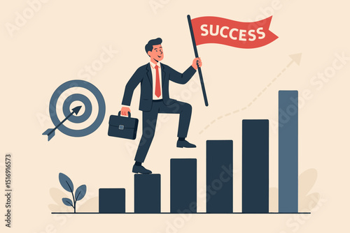 Career goals achieved concept. Silhouette person climbing stairs to success. Metaphor for aspiration, motivation, development, advancement. Business growth, leadership, reaching target vector.