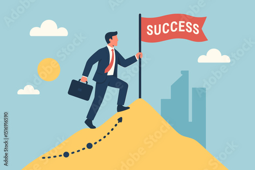 Businessman achieving success, planting flag on mountain top. Career goal achievement, professional growth, ambition, leadership, and motivation vector concept. Business development illustration.