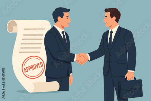 Business deal success. Handshake agreement. Approved contract document. Partnership sealed. Corporate collaboration. Two businessmen. Financial investment concept. Vector illustration.