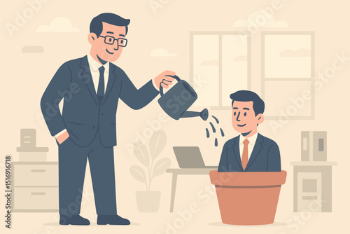 Corporate mentorship concept with manager watering employee plant. Business growth, career development, guidance, support, and coaching illustration. Nurturing talent for success.