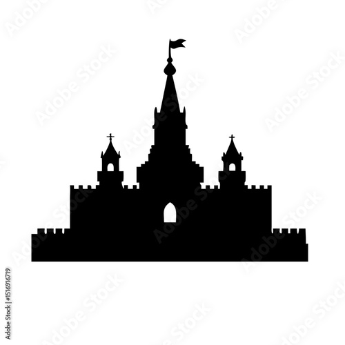 Castle silhouette vector illustration of medieval fortress with towers and flag design element