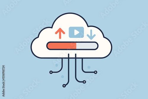 Cloud computing data transfer, upload download progress bar, online storage service, multimedia streaming server, network connection technology, digital information exchange, web hosting vector.