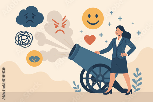 Businesswoman managing emotional stress with cannon metaphor. Overcoming negativity, anger, anxiety. Concept for resilience, mental health, problem solving, positive mindset in business.