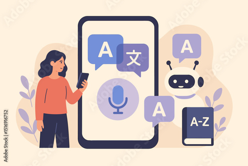 Language translation app. Mobile translator. Woman with smartphone. AI chatbot. Global communication. Online learning. Voice recognition. Multilingual dictionary. Speech technology. Digital assistant.