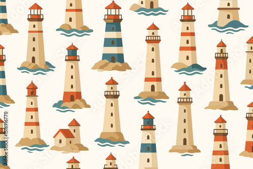 Seamless nautical lighthouse pattern vector background. Maritime coastal beacon illustration for wallpaper, fabric print, or kids room decor. Ocean safety navigation concept design.