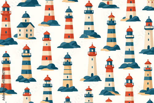 Lighthouse seamless pattern vector. Nautical coastal maritime background. Repeating beacon tower illustration for fabric, wallpaper, textile. Sea navigation safety design. Ocean shoreline graphic.