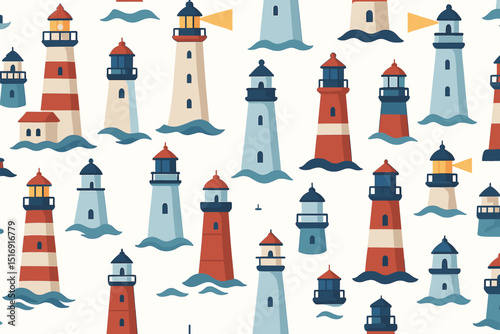 Lighthouse seamless pattern nautical marine background. Sea ocean coastal maritime navigation tower beacon. Vector illustration for kids textile fabric print design. Cute cartoon travel wallpaper.