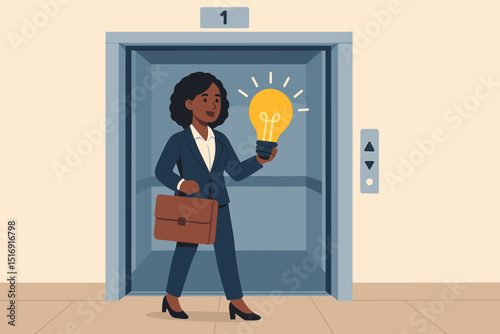 Businesswoman in elevator with lightbulb idea. Startup journey, innovation concept. Career growth, success. Female entrepreneur, professional vision, new beginnings, corporate inspiration.