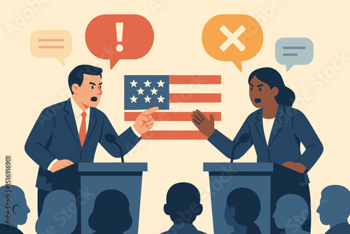 Political candidates debating issues. Man and woman at podiums with American flag. Election campaign discussion. Public speaking event with audience. Political discourse vector.