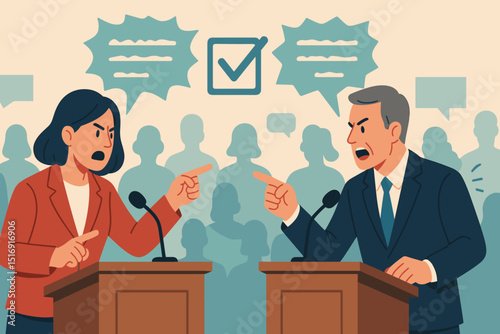Political debate dynamics with candidates arguing. Man and woman at podiums in heated discussion. Election campaign concept. Public speaking, conflict, and choice. Vector illustration.