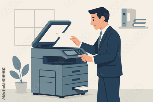 Businessman using office photocopier for document scanning and printing. Male employee in suit, workplace efficiency, modern technology, copy machine, paperwork, corporate tasks illustration.