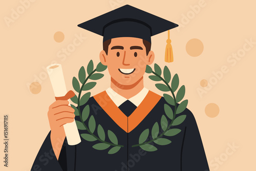 Happy graduate student in cap and gown holding diploma scroll with laurel wreath. Academic achievement, university convocation, graduation ceremony success. Flat vector illustration.