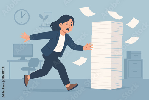 Overwhelmed office woman escaping huge stack of paperwork. Stressed businesswoman running from documents. Burnout, workload, deadline pressure metaphor. Corporate stress concept. Vector.