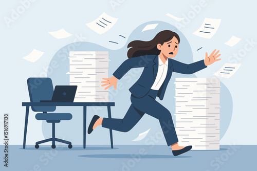 Overwhelmed businesswoman office escape. Running from paperwork, stress, workload. Burnout, deadline pressure. Corporate anxiety, mental health, fatigue. Too much work concept.