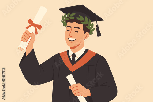 Happy graduate student in cap and gown holding diploma, celebrating academic achievement. University graduation day triumph. Education success concept vector illustration. Proud scholar.