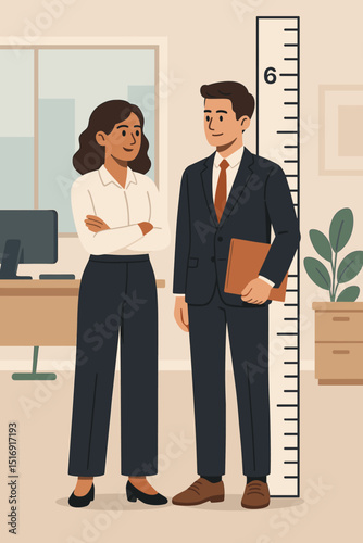 Colleagues measuring equality in office. Professional comparison metaphor. Gender equity concept. Workplace fairness. Man and woman characters. Business ethics illustration. Measurement scale.