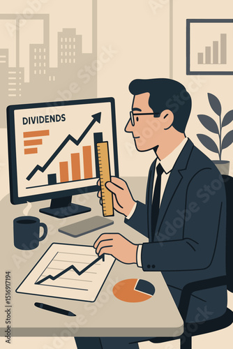 Businessman investor analyzing financial profit growth and dividend income strategy. Office worker at desk with computer chart. Market analysis, financial planning, success concept vector.