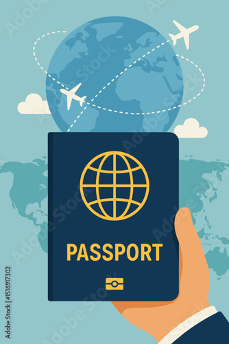 Passport in hand, symbol of global travel and international tourism. World map with airplanes. Concept for vacation, immigration, visa, citizenship, and identification document.