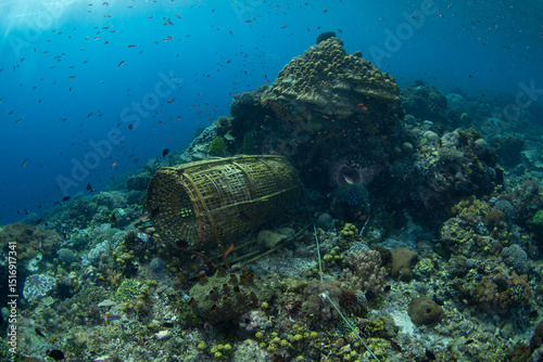 Fototapeta Naklejka Na Ścianę i Meble -  A traditional fish trap is found on a diverse coral reef in the Pantar Strait, near the island of Alor, Indonesia. This tropical region harbors spectacular marine biodiversity.