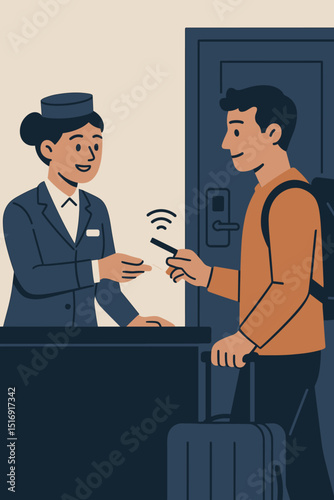 Hotel check-in vector. Receptionist gives key card to guest. Man with luggage at hotel reception. Hospitality service. Travel concept. Accommodation booking. Tourism industry. Room access.