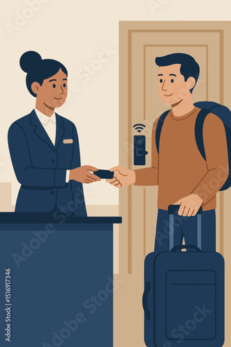 Hotel check-in process illustration. Female receptionist at desk gives electronic room key card to male guest with luggage. Travel, tourism, hospitality service, vacation concept.