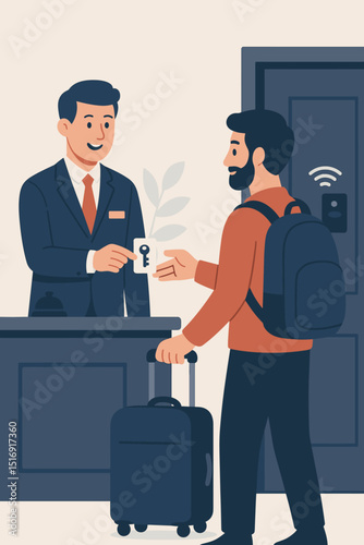 Hotel check-in concept. Receptionist worker gives room key card to male tourist guest with luggage. Hospitality service. Travel, tourism, vacation, accommodation, booking journey. Vector illustration.