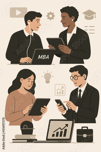 Online learning business education concept. MBA students with laptop tablet. E-learning professional development. Distance education technology. Corporate training strategy.