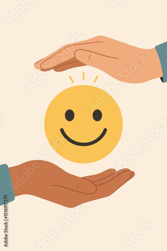 Hands protecting smiley face vector. Mental health concept, emotional well-being, safeguarding positivity. Happiness, joy, optimism, care, support symbol. Flat design art.