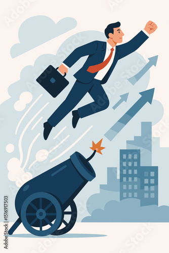 Career launch concept. Businessman flying from cannon. New business venture. Ambition success. Fast track opportunity. Entrepreneurship boost. Upward mobility. Vector.