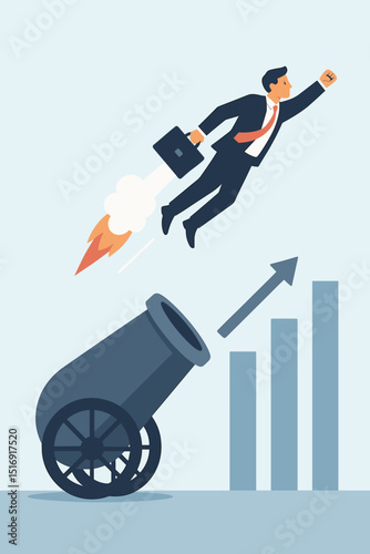 Businessman career launch cannon. Rocket boost to success, achieving goals. Business growth strategy, future vision. Professional development, ambition, leadership, upward progress. Chart.