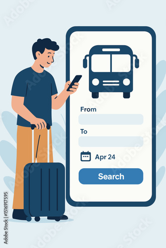 Online bus ticket booking. Man with luggage, smartphone app. Travel reservation, e-ticket. Public transport journey. Mobile ticketing. Passenger, digital service. Schedule. Convenient flat vector.