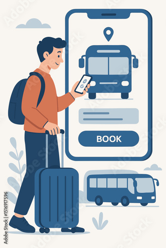 Online bus ticket booking app concept. Man with luggage uses smartphone for travel reservation. Transportation service via mobile application for tourist journey planning.