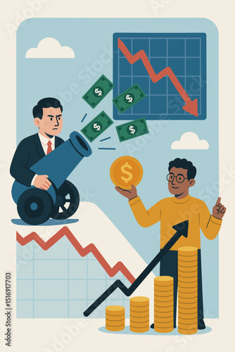 Financial crisis solutions. Businessman firing money from cannon versus smart investor with coins and growth graph. Economic downturn, recession, recovery strategy. Profit, loss.