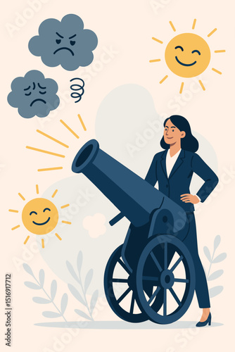 Empowered mindset. Positive thinking concept. Businesswoman with cannon blasting negativity. Optimism, success. Mental wellness. Shoot sun, dispel sad clouds. Overcoming adversity. Attitude.