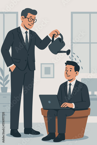Mentorship concept nurturing entrepreneurial growth. Businessman watering employee in flowerpot. Business development, talent cultivation, coaching, support, guidance. Office vector.