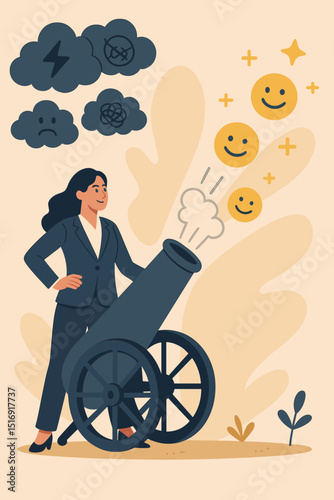 Businesswoman shoots positive emojis from cannon, dispelling negative thought clouds. Empowered mindset concept for optimism, mental resilience, problem solving, success strategy.
